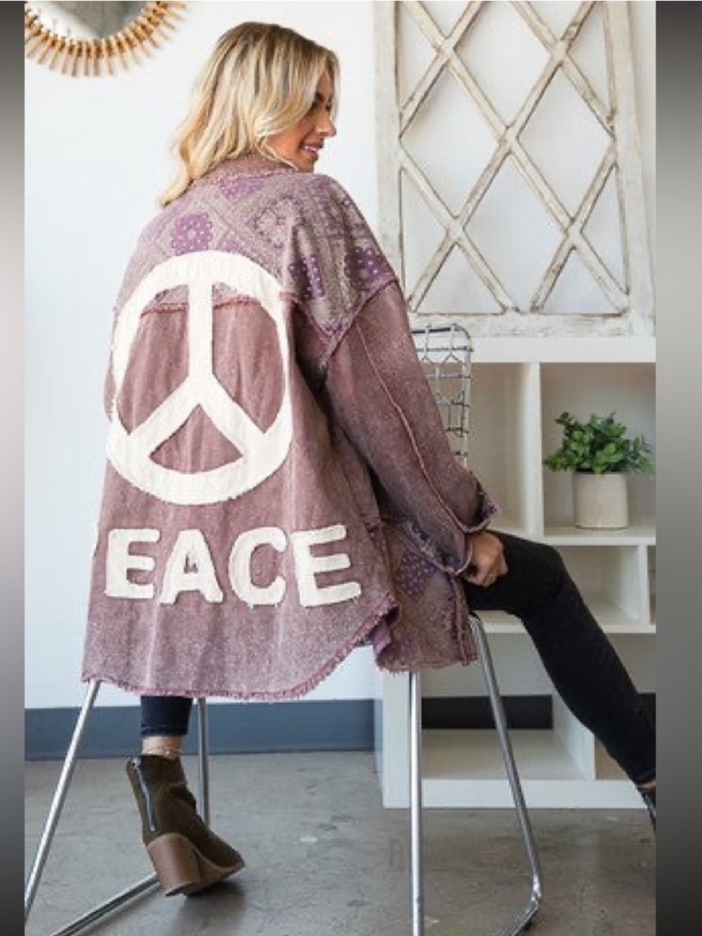 New: Oli & Hali “Peace Out” Boho Mineral Wash Dusty Rose Patchwork Jacket• Small
